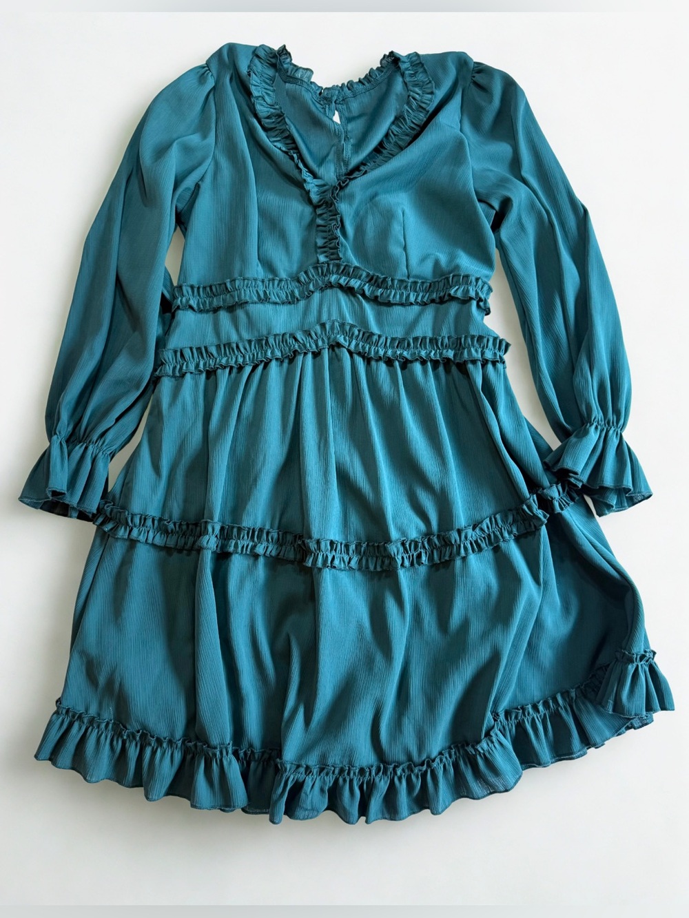 Women’s Teal Ruffle Tiered Long-Sleeve Dress open back size L